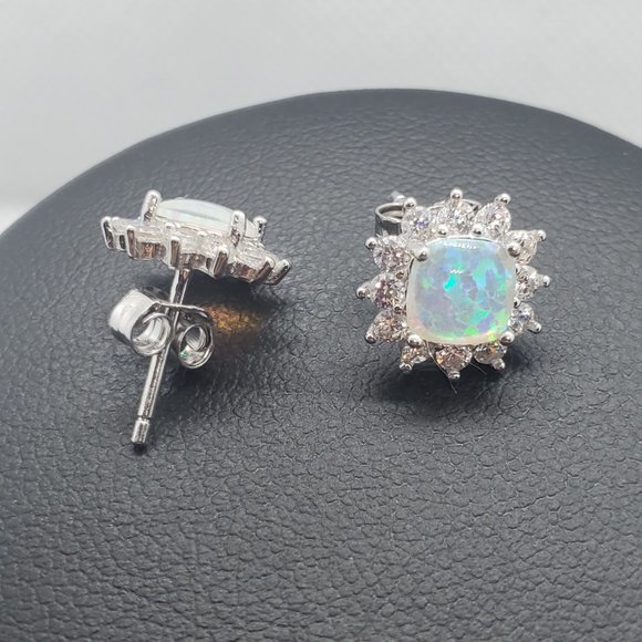 Silver 925 Rhodium Plated Opal Sun CZ Stud Earring and Necklace Set